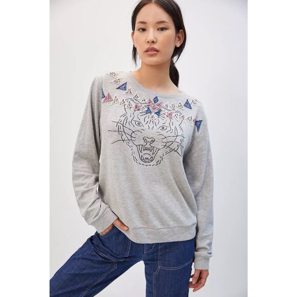 Luna Mercantile Co Anthropologie Gray Graphic Tiger Embellished Crew Sweatshirt - Picture 2 of 14